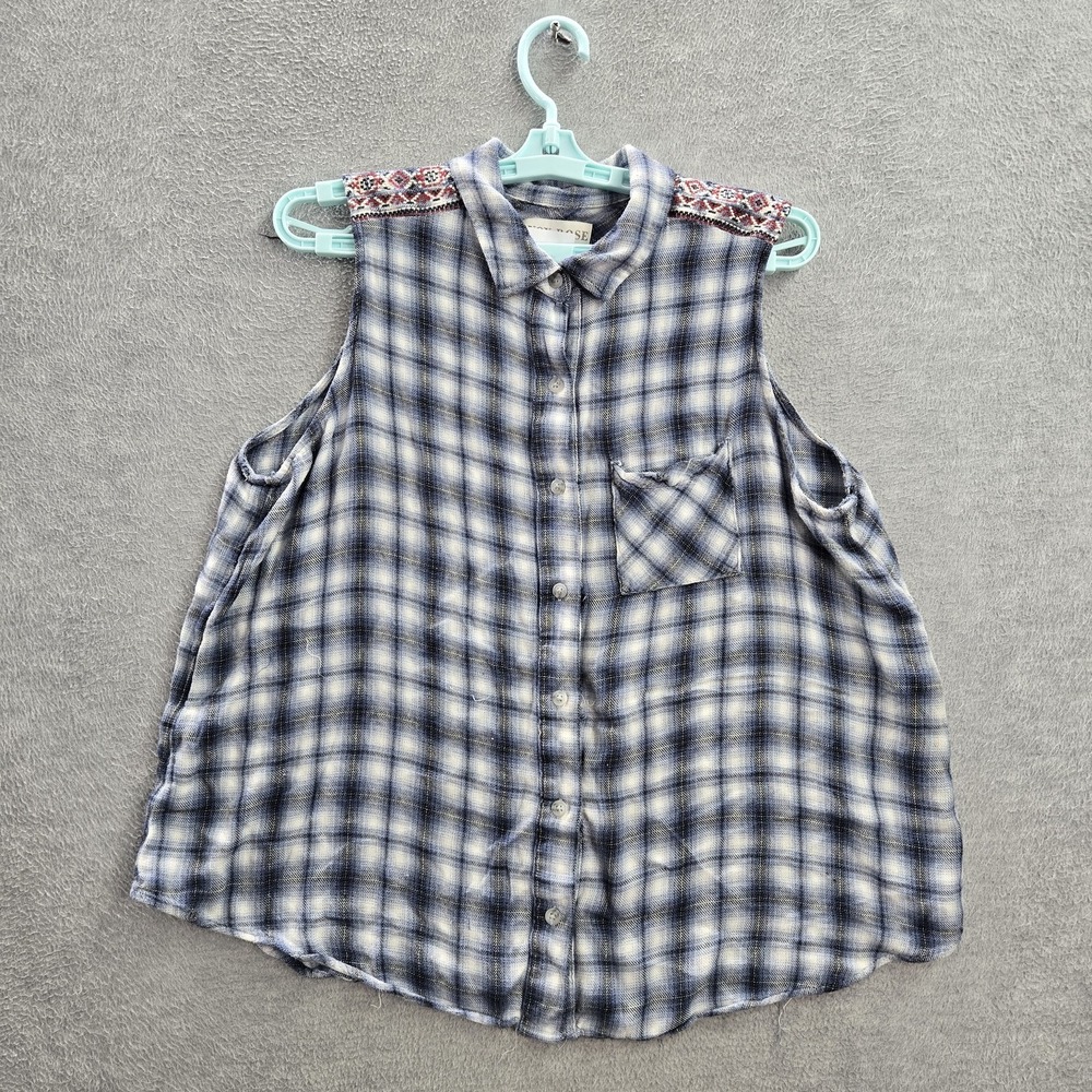 Knox Rose Women Button Up Shirt XL Blue Plaid Embroidered Collared